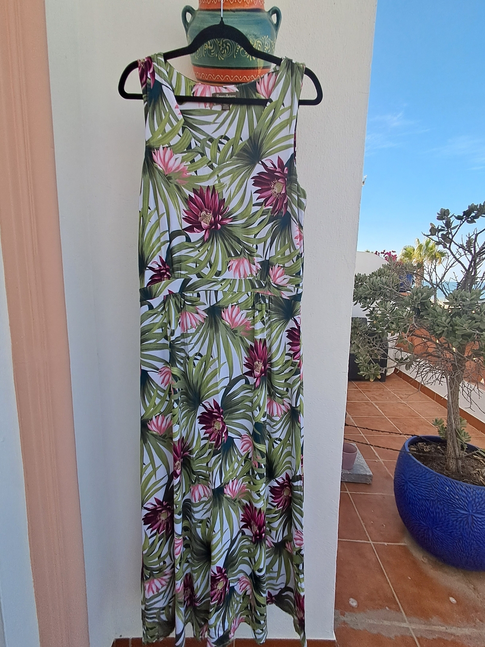 Tommy Bahama White Maxi Dress with Green Palm & Pink Floral Print